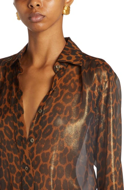 Shop Tom Ford Laminated Leopard Metallic Silk Button-up Shirt In Camel