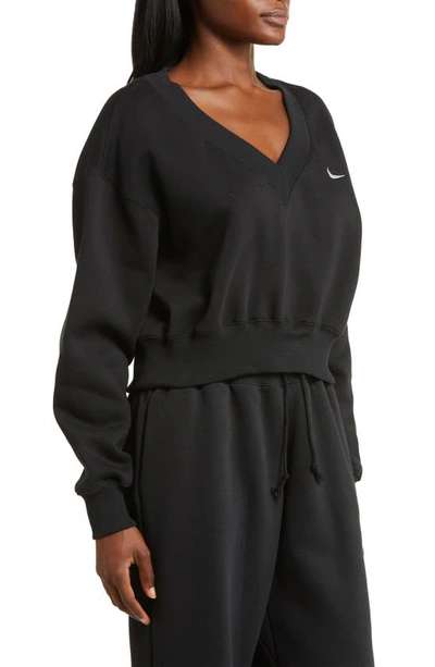 Shop Nike Sportswear Phoenix Fleece V-neck Crop Sweatshirt In Black/ Sail