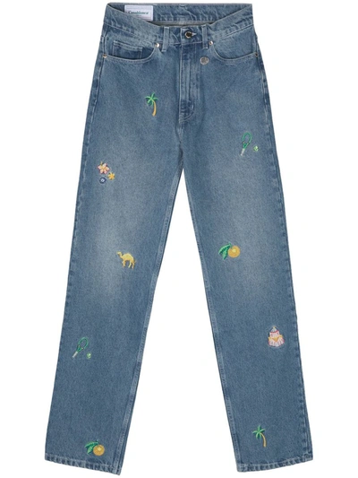 Shop Casablanca Straight Jeans With Embroidery In Blue