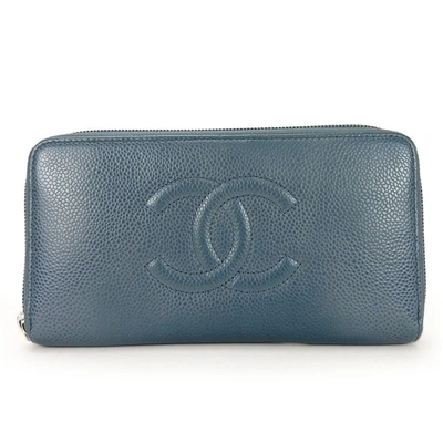 Pre-owned Chanel Portefeuille Zippé Blue Leather Wallet  ()