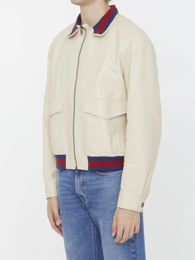 Shop Gucci Beige Leather Bomber Jacket