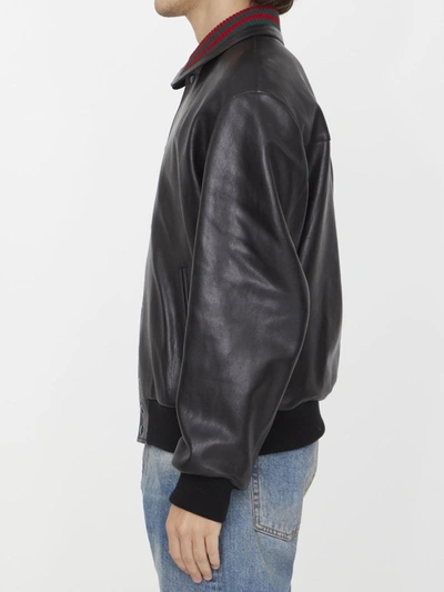 Shop Gucci Black Leather Bomber Jacket
