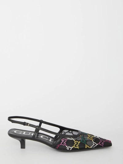 Gucci Gg Rhinestoned Mesh Slingback Pumps In Black