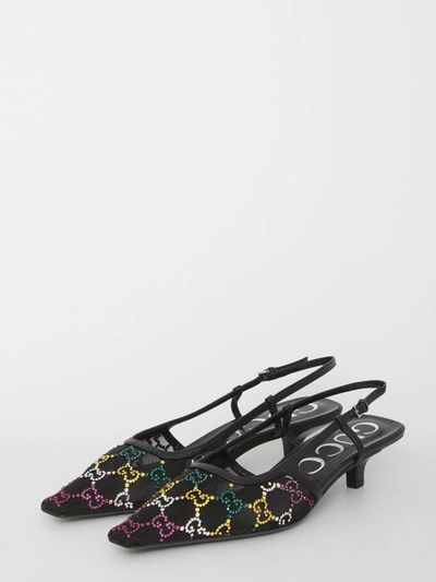 Gucci Gg Rhinestoned Mesh Slingback Pumps In Black
