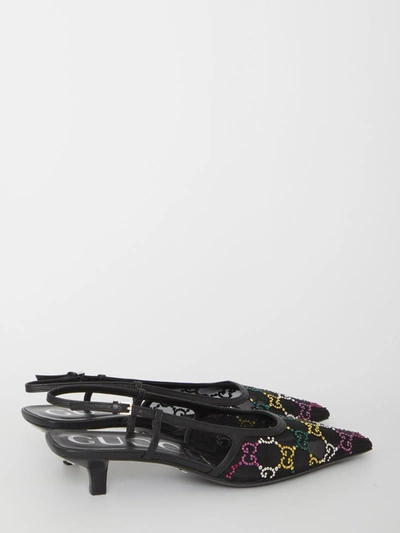 Gucci Gg Rhinestoned Mesh Slingback Pumps In Black