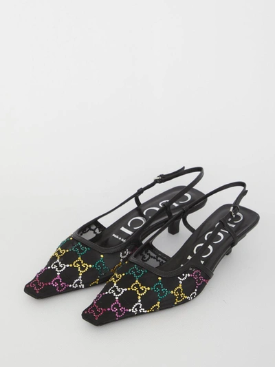 Gucci Gg Rhinestoned Mesh Slingback Pumps In Black