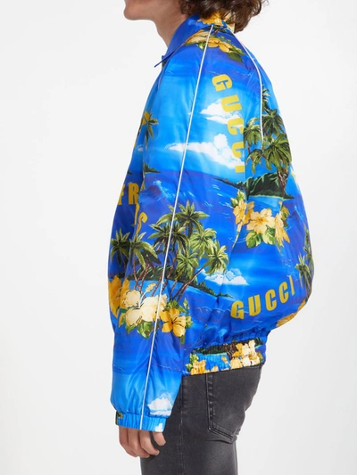 Shop Gucci Nylon Jacket With Print In Blue