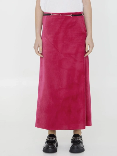 Shop Gucci Velvet Skirt With Belt In Fuchsia