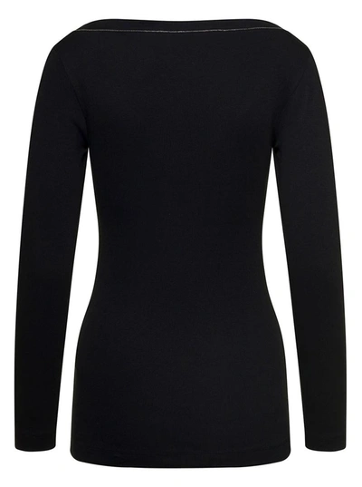 Shop Brunello Cucinelli Black V-neck Pullover With Beads Detailing In Stretch Cotton Woman