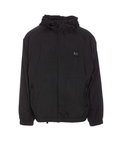 Dolce & Gabbana Logo Plaque Drawstring Hooded Jacket In Black