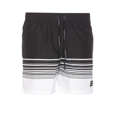 Dolce & Gabbana Striped Drawstring Swim Shorts In Black