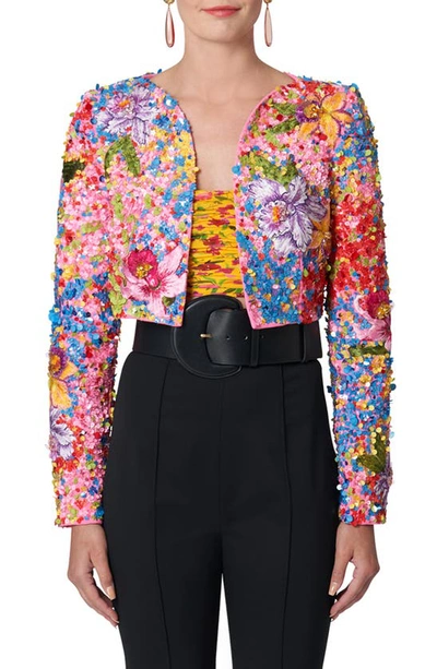 Shop Carolina Herrera Floral Beaded Crop Jacket In Ivory Multi-color