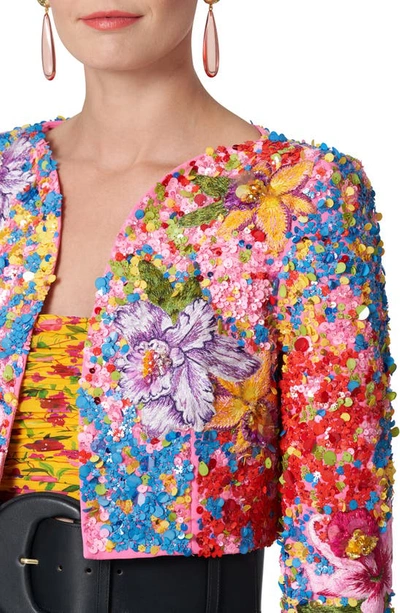Shop Carolina Herrera Floral Beaded Crop Jacket In Ivory Multi-color