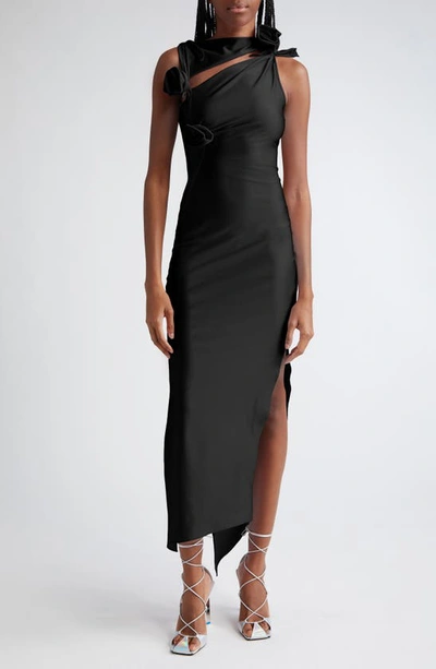 Coperni Long Black Asymmetric Dress With Roses Applications In Stretch Polyamide Woman In Black