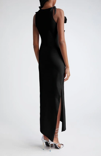 Coperni Long Black Asymmetric Dress With Roses Applications In Stretch Polyamide Woman In Black