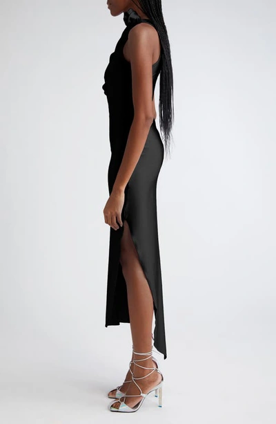 Coperni Long Black Asymmetric Dress With Roses Applications In Stretch Polyamide Woman In Black