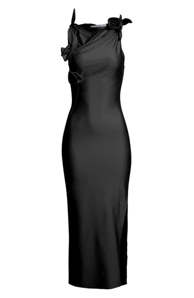 Coperni Long Black Asymmetric Dress With Roses Applications In Stretch Polyamide Woman In Black