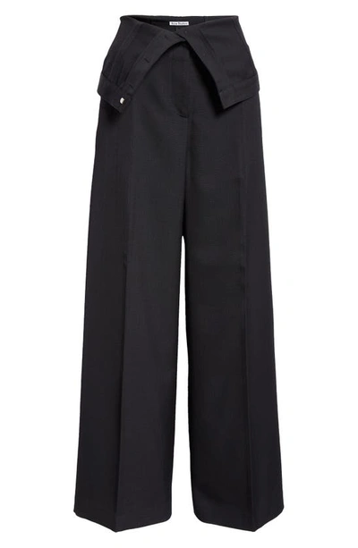 Shop Acne Studios Foldover Waist Pleated Recycled Polyester & Wool Wide Leg Trousers In Black