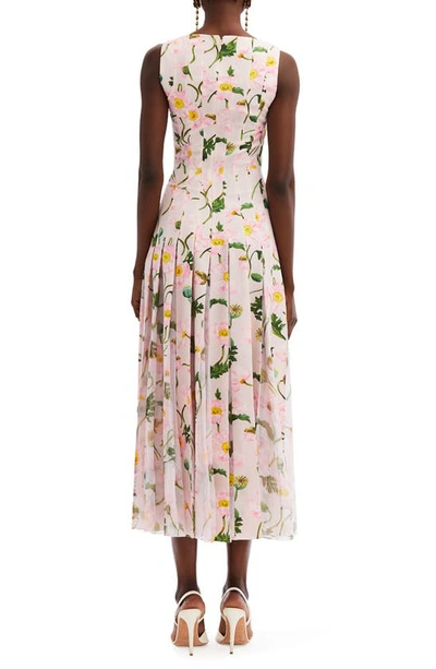 Shop Oscar De La Renta Poppy Print Pleated Square Neck Midi Dress In Pink/ Soft Pink