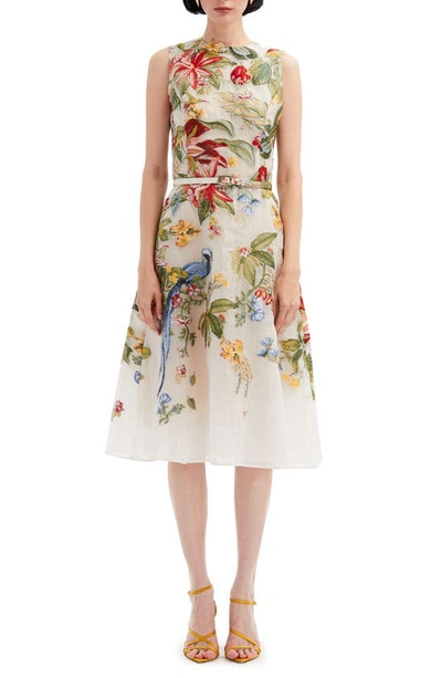 Shop Oscar De La Renta Fauna Floral Belted Silk Blend Fil Coupé Fit & Flare Dress In Ivory Multi