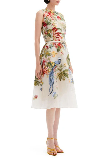 Shop Oscar De La Renta Fauna Floral Belted Silk Blend Fil Coupé Fit & Flare Dress In Ivory Multi