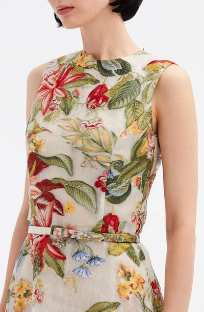 Shop Oscar De La Renta Fauna Floral Belted Silk Blend Fil Coupé Fit & Flare Dress In Ivory Multi