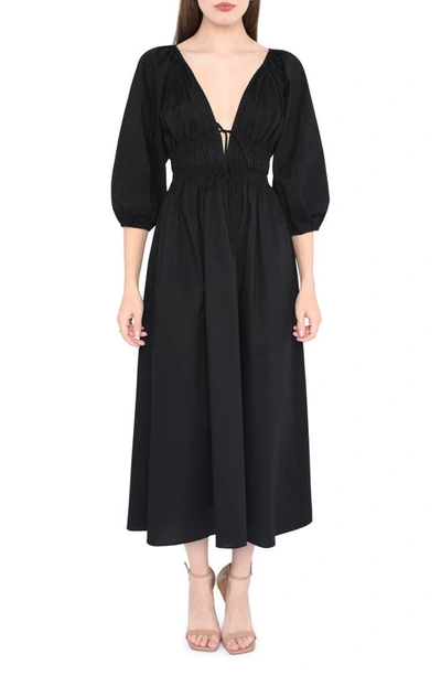 Shop Wayf Veronica Ruched Puff Elbow Sleeve Midi Dress In Black