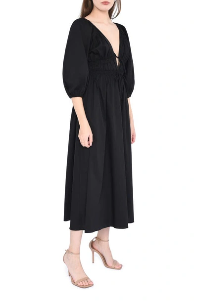 Shop Wayf Veronica Ruched Puff Elbow Sleeve Midi Dress In Black
