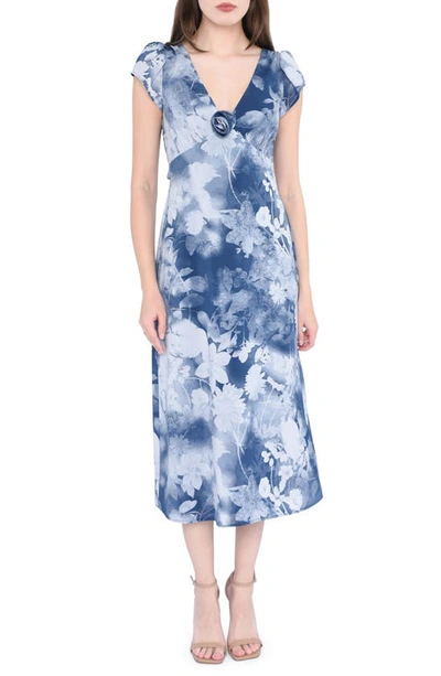 Shop Wayf Gracie Floral Empire Waist Midi Dress In Navy Shadow