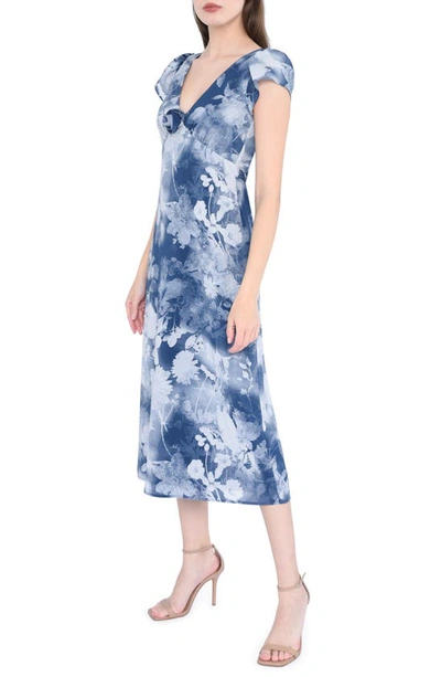 Wayf Gracie Floral Empire Waist Midi Dress In Navy Shadow