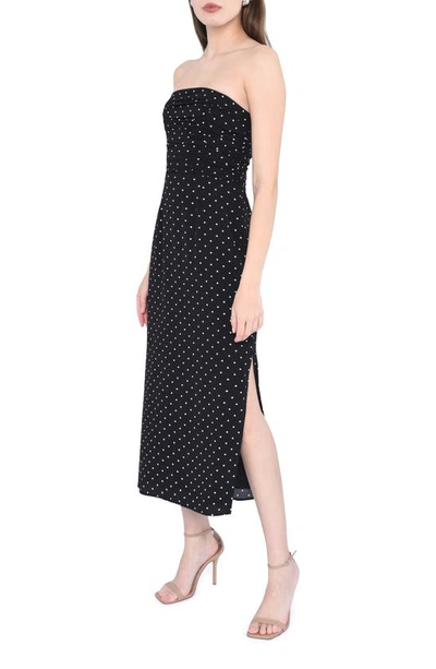 Shop Wayf Birdie Ruched Strapless Midi Dress In Black Polka-dot