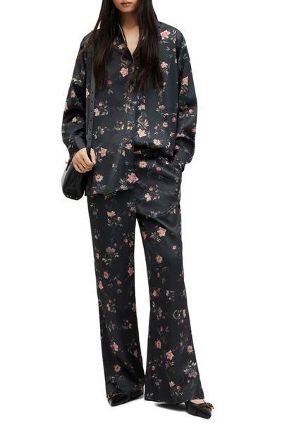 Shop Allsaints Louisa Tanana Floral Print Satin Button-up Shirt In Black