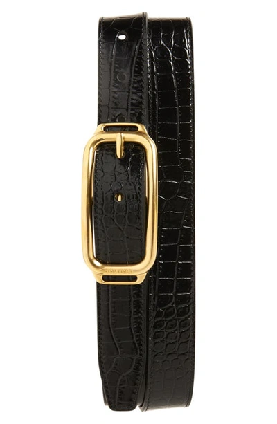 Shop Tom Ford Stadium Buckle Croc Embossed Patent Leather Belt In Black