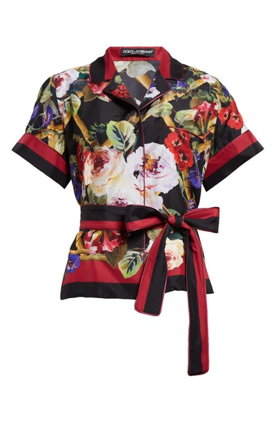Shop Dolce & Gabbana Floral Belted Silk Camp Shirt In Hh4yaroseto Bordo Rosso