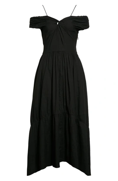 Shop Vince Off The Shoulder Twist Front Linen Blend Dress In Black