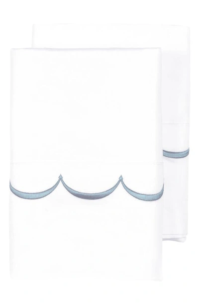 Melange Scalloped Edge Embroidered 600 Thread Count Pillowcases In White/ Blue