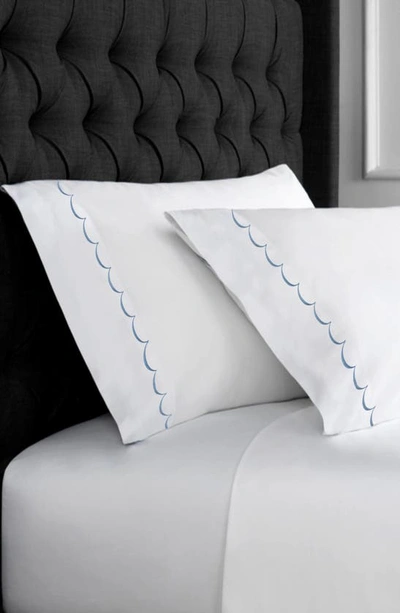 Melange Scalloped Edge Embroidered 600 Thread Count Pillowcases In White/ Blue