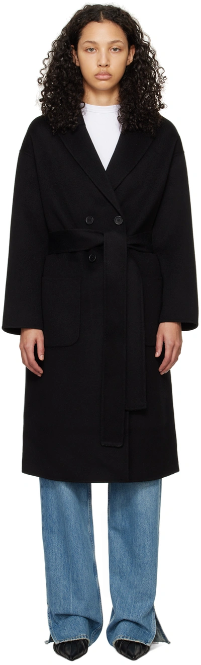 Anine Bing Double-breasted Long Coat With Notched Lapel In Black
