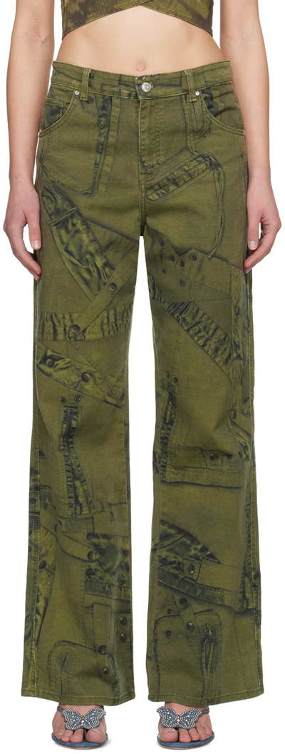 Shop Blumarine Khaki Printed Jeans In T5699 Militare/nero
