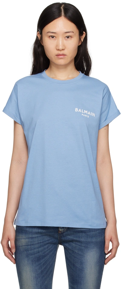 Shop Balmain Blue Flocked T-shirt In Slf Bleu Pâle/nature
