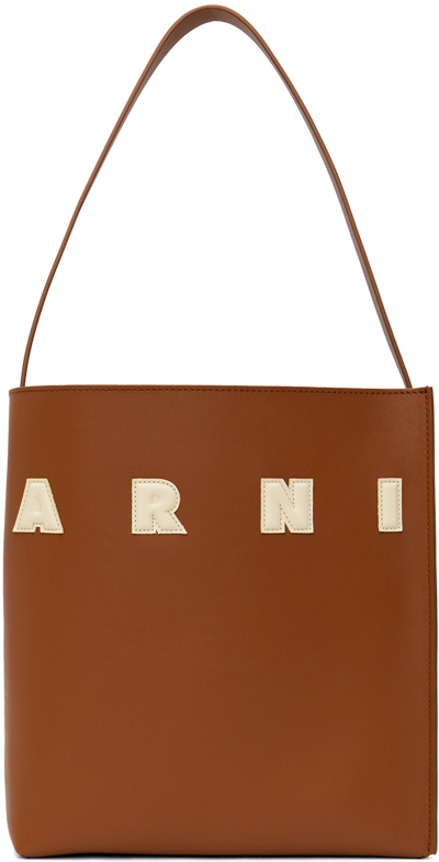 Shop Marni Brown Small Leather Museo Patches Tote In Zo722 Moca/ivory