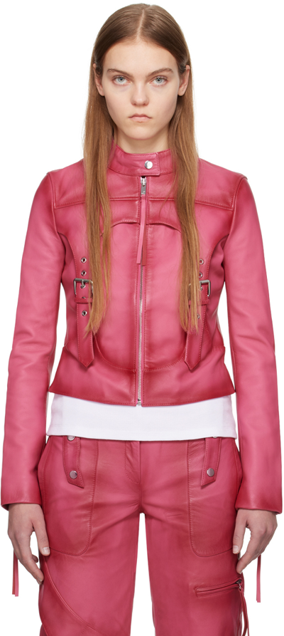 Shop Blumarine Pink Guêpière Leather Biker Jacket In N0731 Geranio