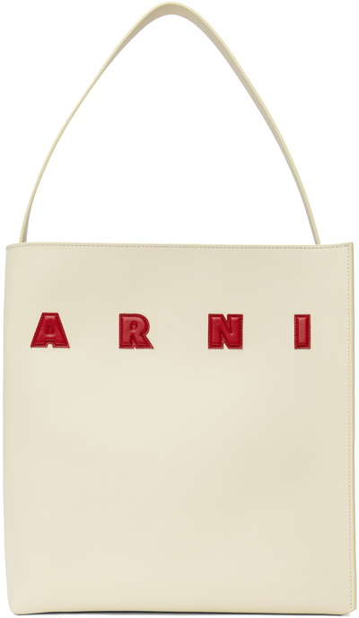 Shop Marni Off-white Medium Leather Museo Patches Tote In Zo721 Ivory/lacquer