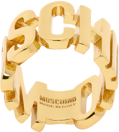 Shop Moschino Gold Lettering Logo Ring In A0606 Shiny Gold