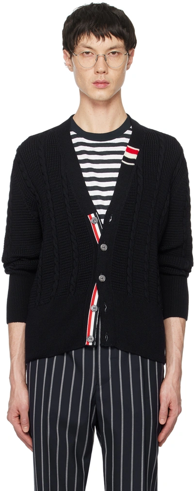 Shop Thom Browne Navy Cable Cardigan In 415 Navy