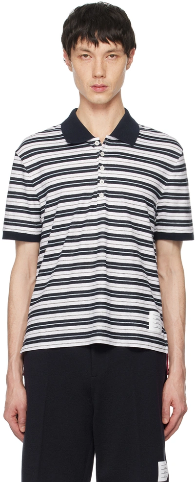 Shop Thom Browne Navy Striped Polo In 415 Navy