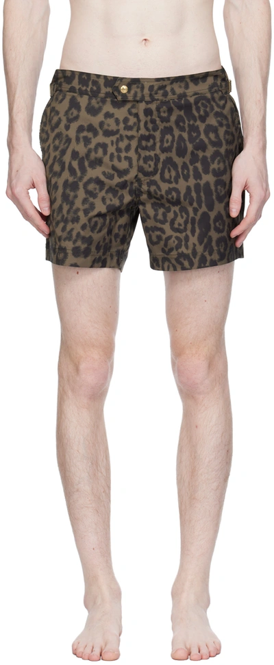 Shop Tom Ford Green Print Swim Shorts In Cheetah Light Brown