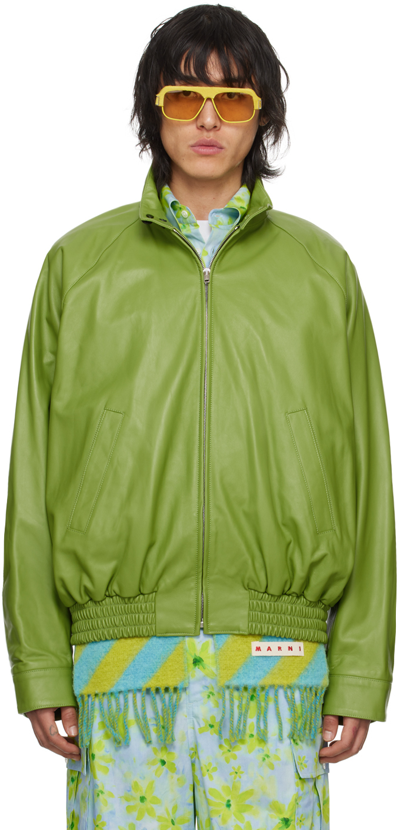 Shop Marni Green Band Collar Leather Jacket In 00v40 Kiwi