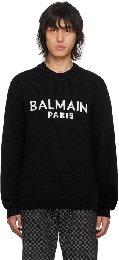 Shop Balmain Black Intarsia Sweater In Eab Noir/blanc