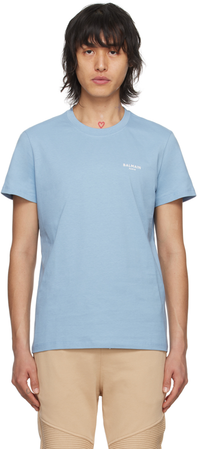 Shop Balmain Blue Flocked T-shirt In Slf Bleu Pã‚le